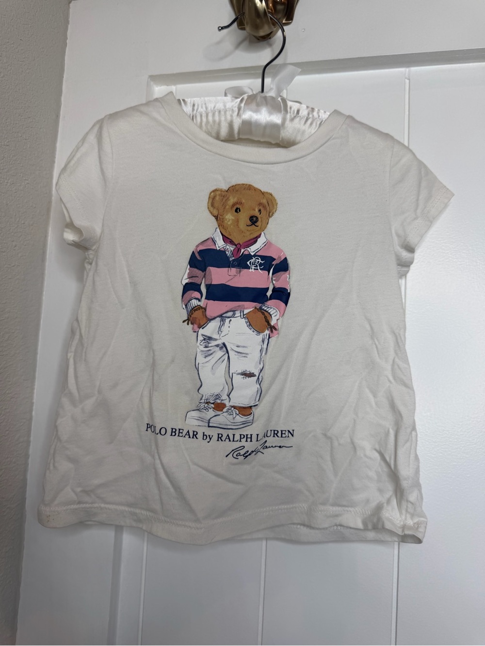 Ralph Lauren White Tee with Pink & Navy Polo Bear Graphic